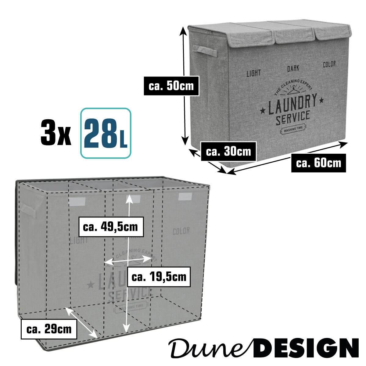 DuneDesign Wäschekorb 3 Fächer mit Deckel - 84L Wäschesammler Beige - Wäschesortierer für Schmutzwäsche - Wäsche Organizer Badezimmer Schlafzimmer - Laundry Basket mit Trennsystem Ordnungssystem