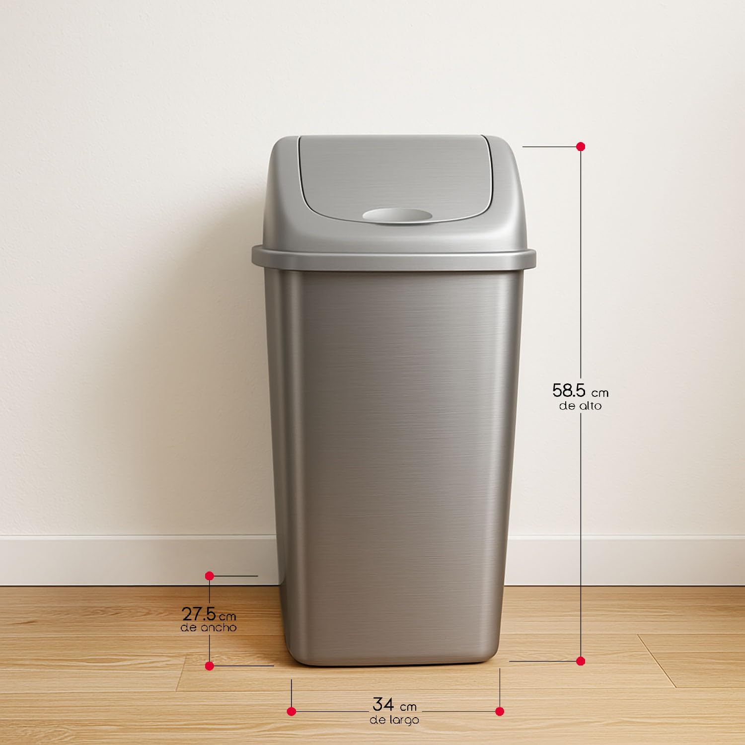 TIENDA EURASIA - Papelera con Tapa Basculante, Cubo de Basura 50 Litros, Papelera para Baño, Oficina, Cocina, Cubo Basura Tamaño 40 x 35 x 68 cm (Plata)
