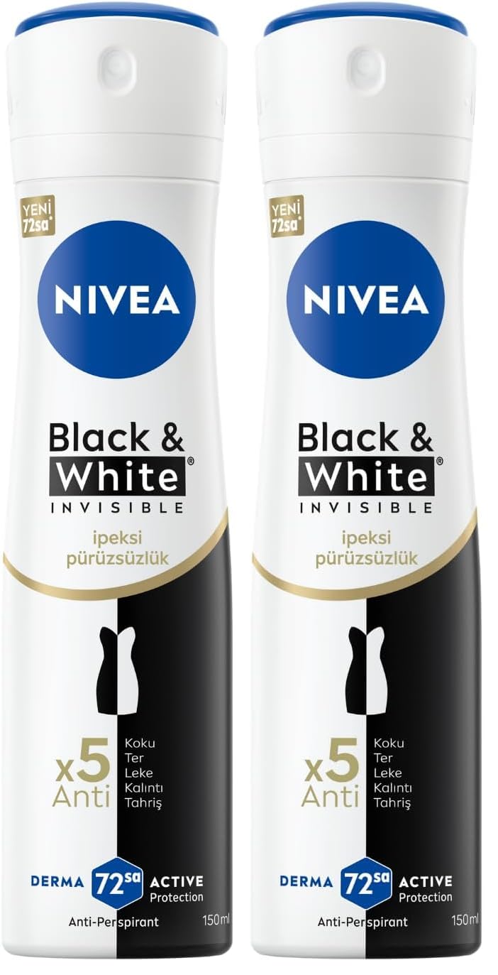 NIVEA Kadın Sprey Deodorant Black & White Invisible İpeksi Pürüzsüzlük, Ter ve Ter Kokusuna Karşı 72 Saat Anti-perspirant Koruma 150 ml (2 paketi)