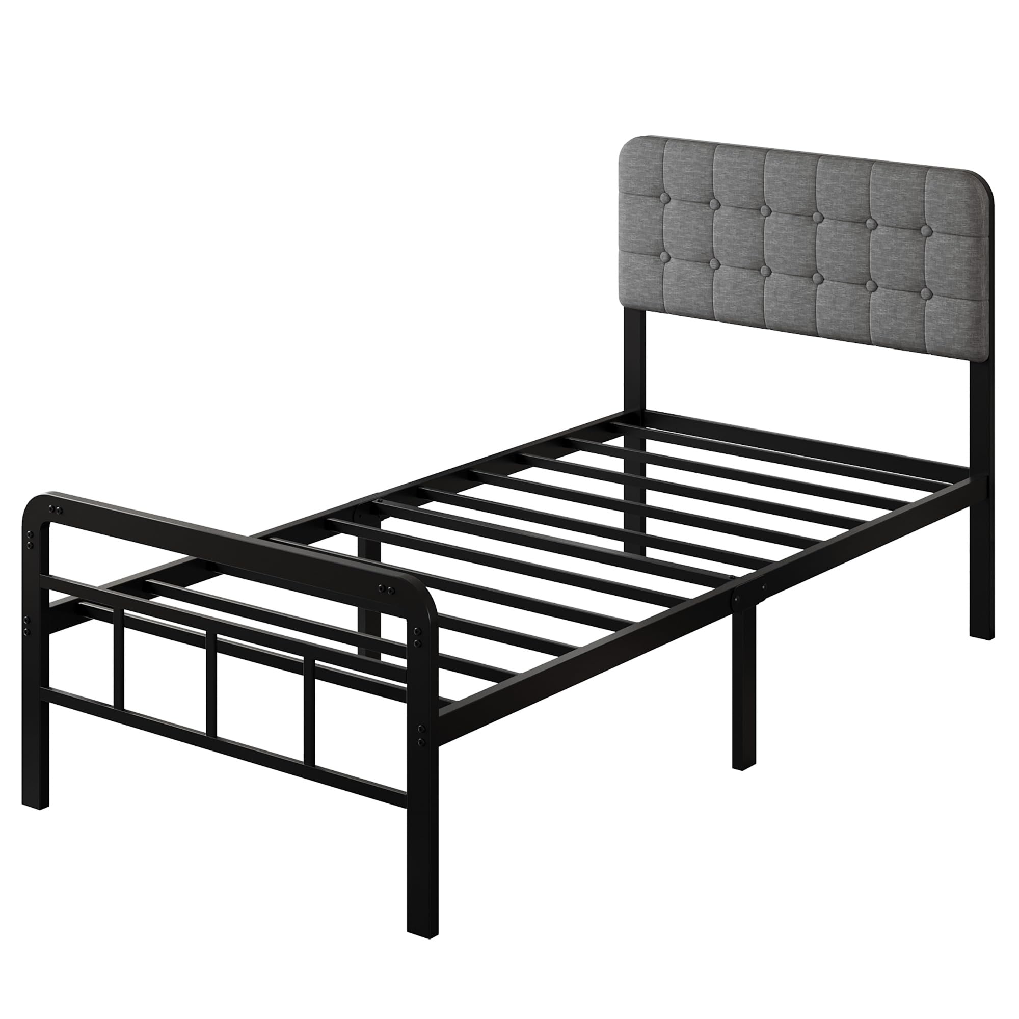 EMODA Struttura letto in metallo con testiera e pediera imbottite, struttural letto in matallo alta 36 cm, 90 x 190 cm con supporto a doghe in acciaio resistente, silenziosa, facile da montare