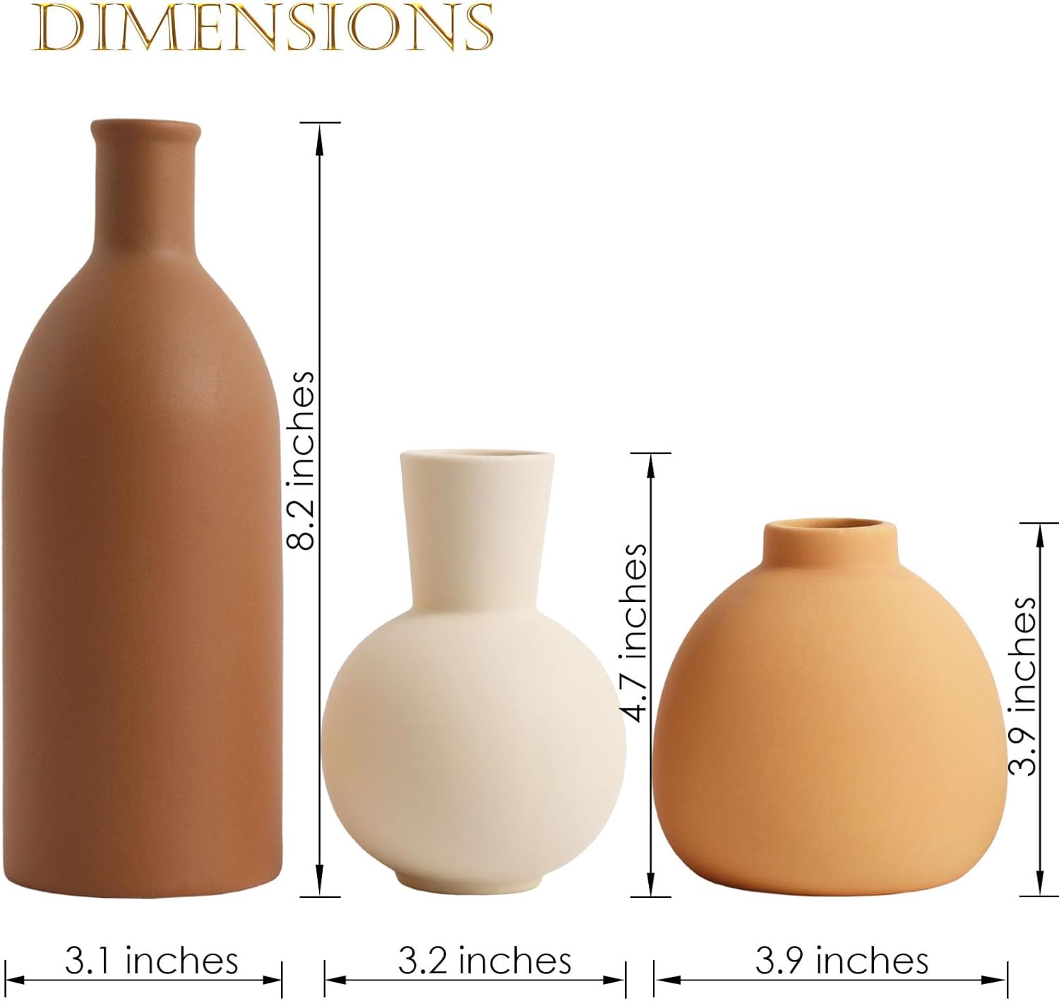 Ceramic Vase Set of 3 - Handcrafted Ceramic Vases for Home Decor & Shelf - Modern Farmhouse Decor for Kitchen, Office, Bedroom & Living Room Decorative Objects for Mantel, Table Centerpieces - Image 3