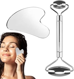 Ferramentas Faciais Gua Sha - Conjunto Gua Sha de aço inoxidável puro - Ferramentas faciais de dupla face Rolo facial de metal durável para rotina de cuidados com a pele e inchaço Pengzi