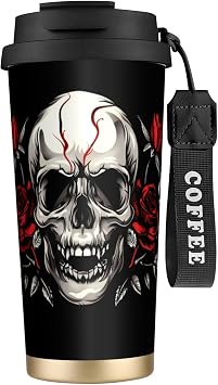 Ouqiuwa Skull 500ml Stainless Steel Insulated Coffee Mug With Lid, Reusable Travel Coffee Tumblers For Hot Ice Beverages