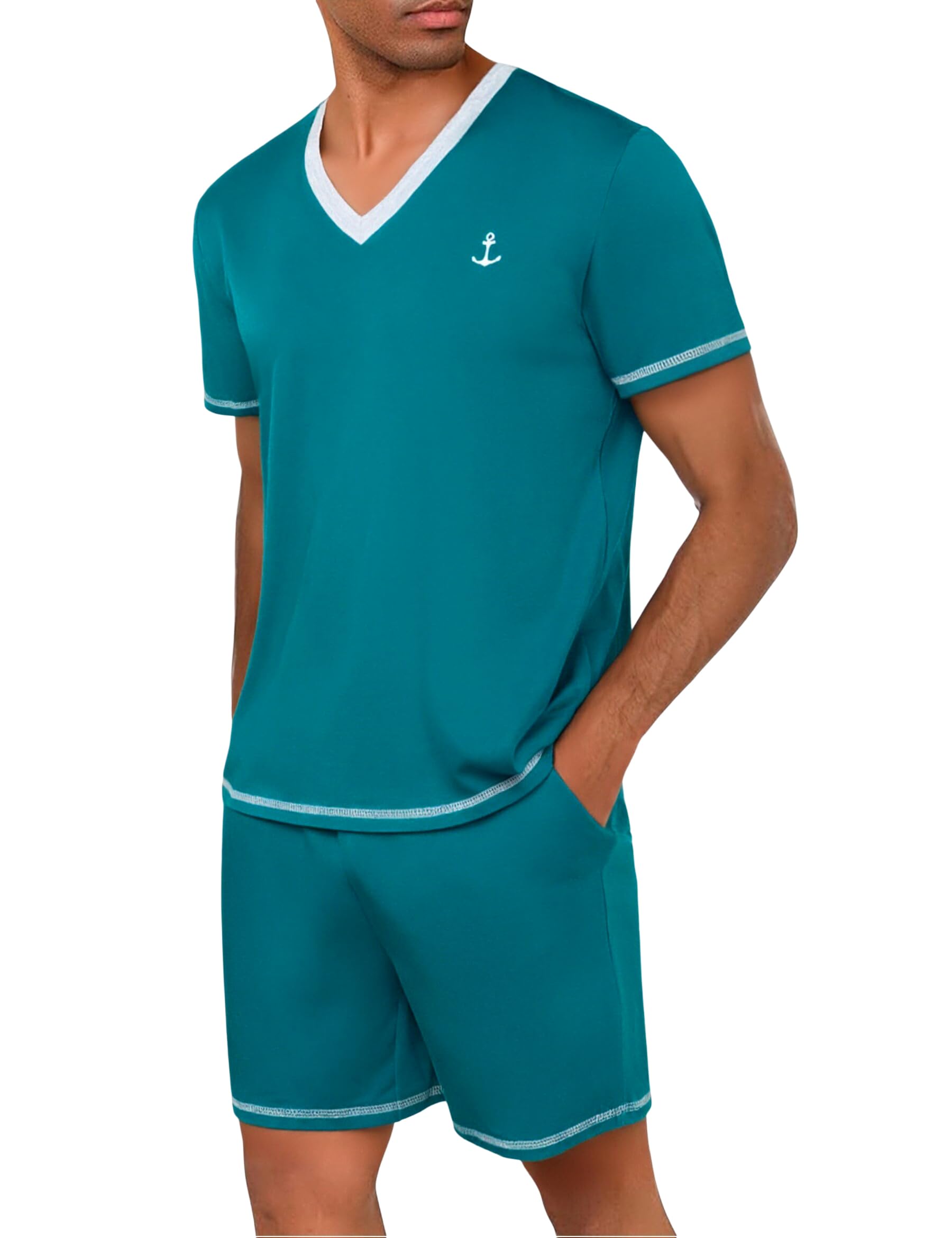 Marvmys Schlafanzug Herren Kurz Baumwolle Sommer Pyjama Männer Zweiteilige Kurzarm V-Ausschnitt T-Shirt und Shorty Schlafanzughose S-3XL