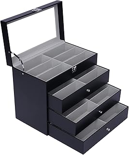 SHZICMY 24 Slots Sunglasses Organizer Case Box for Women Men, Multiple Eyeglasses Eyewear Display Case with Glass Lid, 4-layer Glasses Collector Box with 3 Drawers, Black