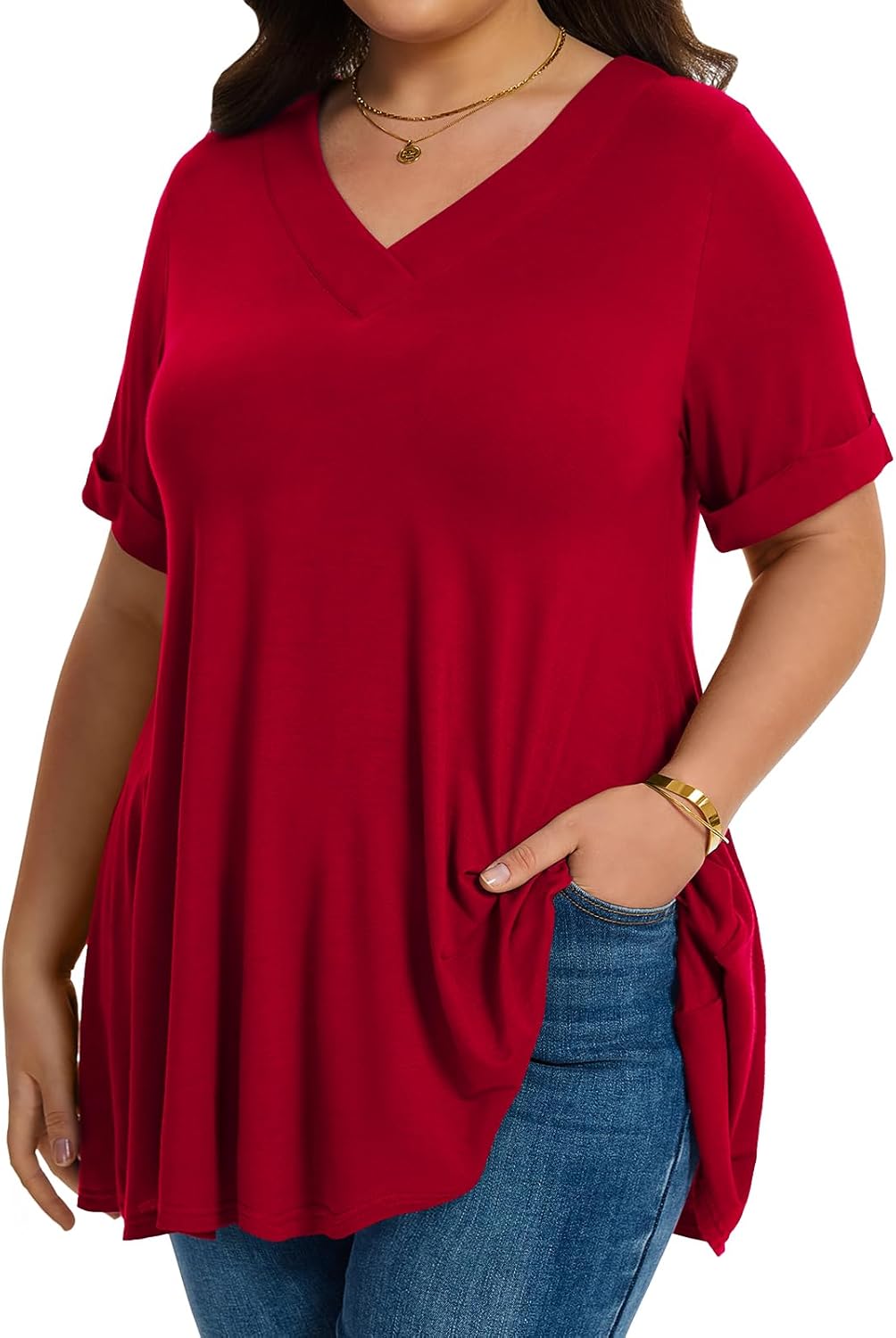 LARACE Women Plus Size Summer Tops Cuffed Short Sleeve Women's V Neck Tunics T-Shirts Blouses Clothes to Wear with Leggings - Image 2