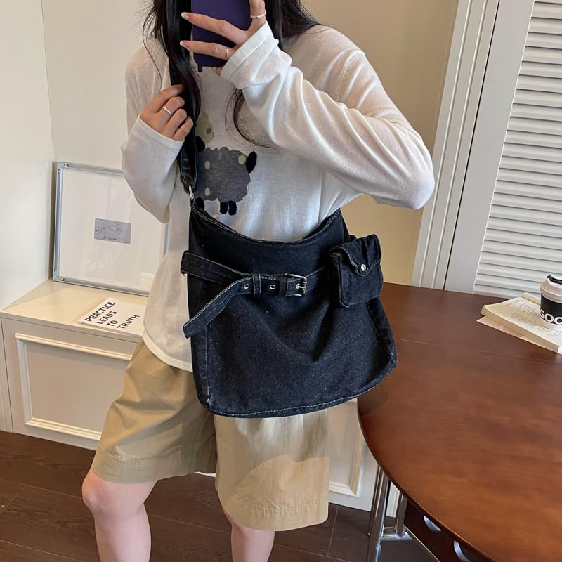 Borsa a tracolla da donna in tessuto denim, grande capacità, casual, colore