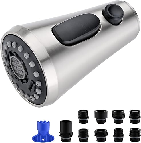 Kicimpro Piezas de repuesto para cabezal de grifo de cocina, cabezal de grifo de cocina de níquel cepillado con 9 adaptadores, 3 funciones de