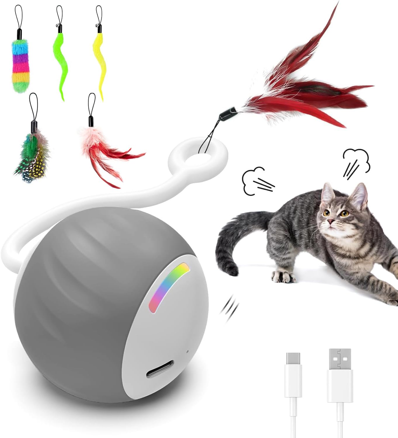 Cat Toys Interactive for Indoor Cats, Touch & Sound Smart Control – Fast slow 2 Speed Motion Activated Cat Ball Toy for Bored Cats With LED Lights, Feathers Tail, USB Charging Cable, 6in1 – Gray Cat Toys Interactive for Indoor Cats, Touch & Sound Smart Control – Fast slow 2 Speed Motion Activated Cat Ball Toy for Bored Cats With LED Lights, Feathers Tail, USB Charging Cable, 6in1 – Gray