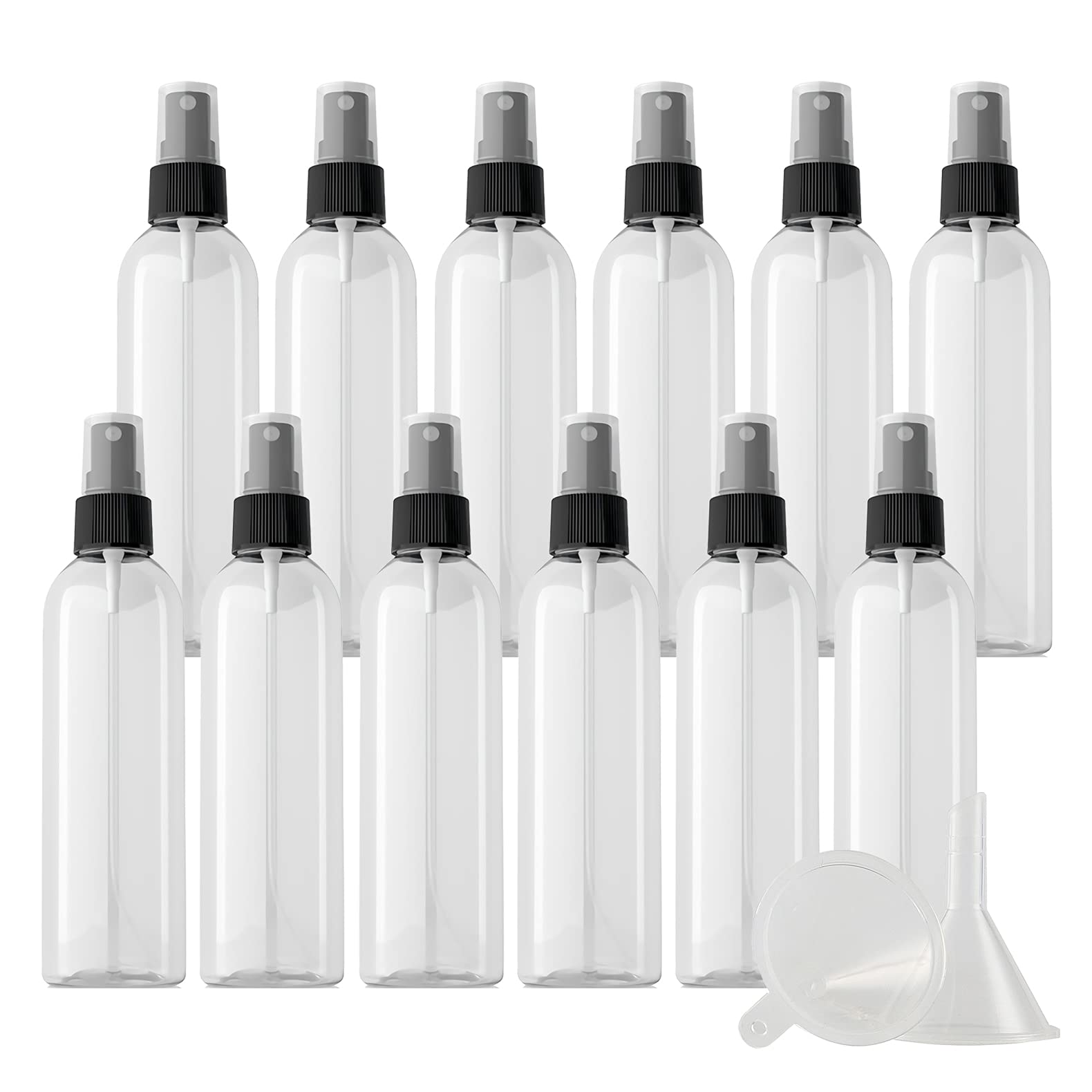 24 Pièce Vide 200ml Transparent Flacons Vaporisateur Avec Pulvérisateur Noir, 200 ml Bouteille de Spray Parfum Rechargeable Flacon de Parfum pour le voyage à la maison + 3 x Entonnoir