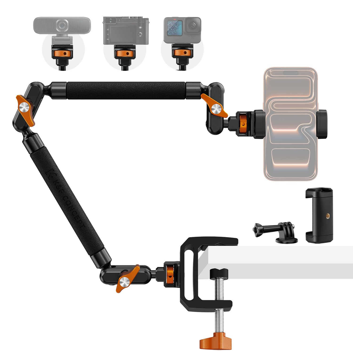 K&F CONCEPT 22" Magic Arm Clamp Kit, Flexible Desk Camera Mount, Long Articulating Friction Boom Arm for Phone, Action Camera, LED Light, Microphone-image-48