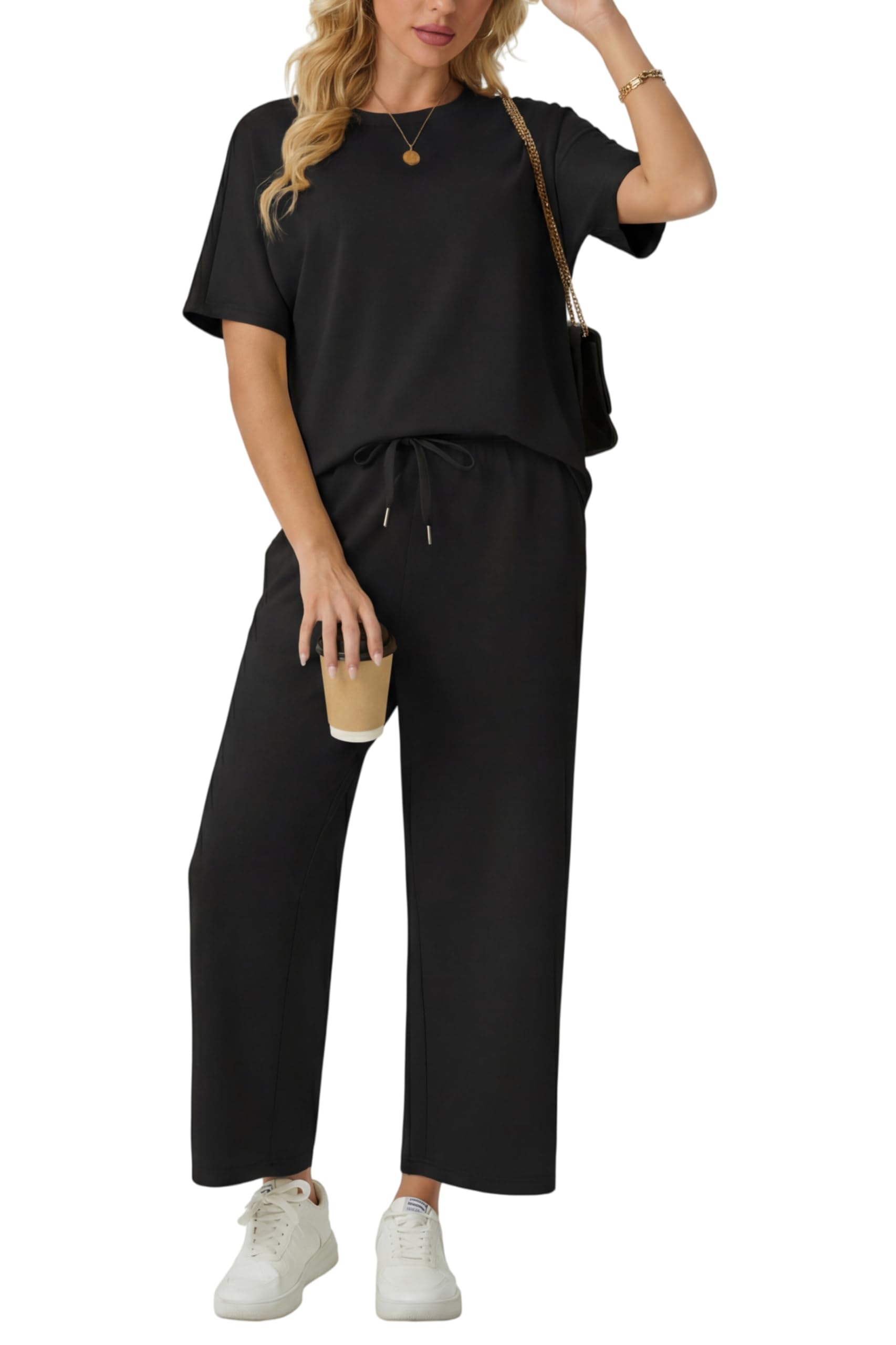 GRECERELLE Jogginganzug Zweiteiler Damen Sommer Trainingsanzug Outfits Tracksuit Kurzarm Lässige Rundhals Tshirts und weite Jogginghosen Trainingsanzüge mit Taschen - 1