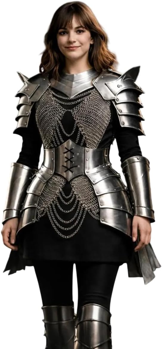ARTIZANSTORE Lady Knight Chainmail Armor, Steel 18g, Bracer, Leg Armor, Gauntlets, Pauldrons, Chainmail Top Reenactment, SCA, LARP, Cosplay & Halloween Costume Gift for Her