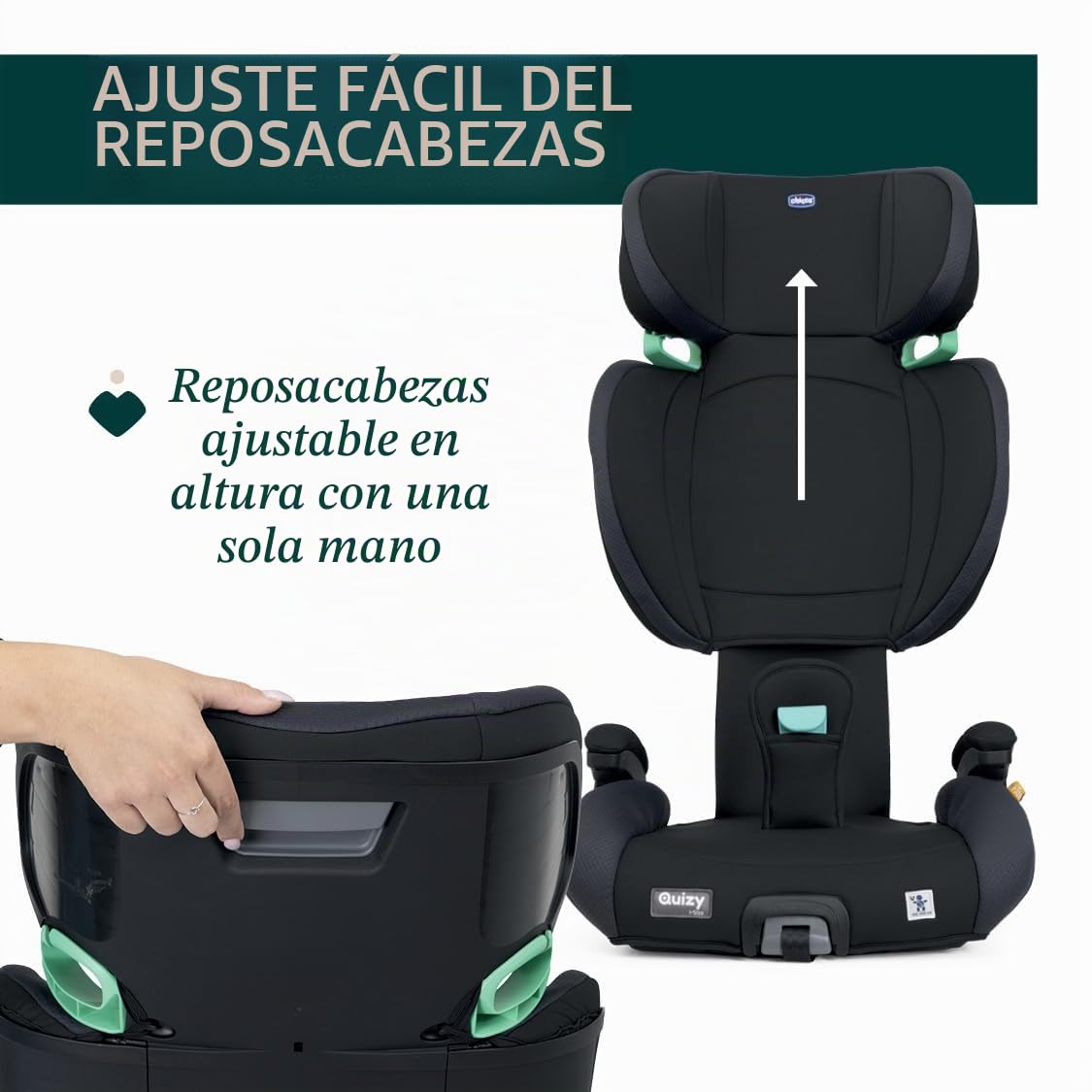 Chicco, Quizy i-Size, Silla de Coche para Niños 3-12 Años (100-150 cm), Instalación Fácil con Sistema Isofix, Reclinable, Ajustable en Altura, con Reposabrazos Acolchados y Asiento Cómodo, Negro