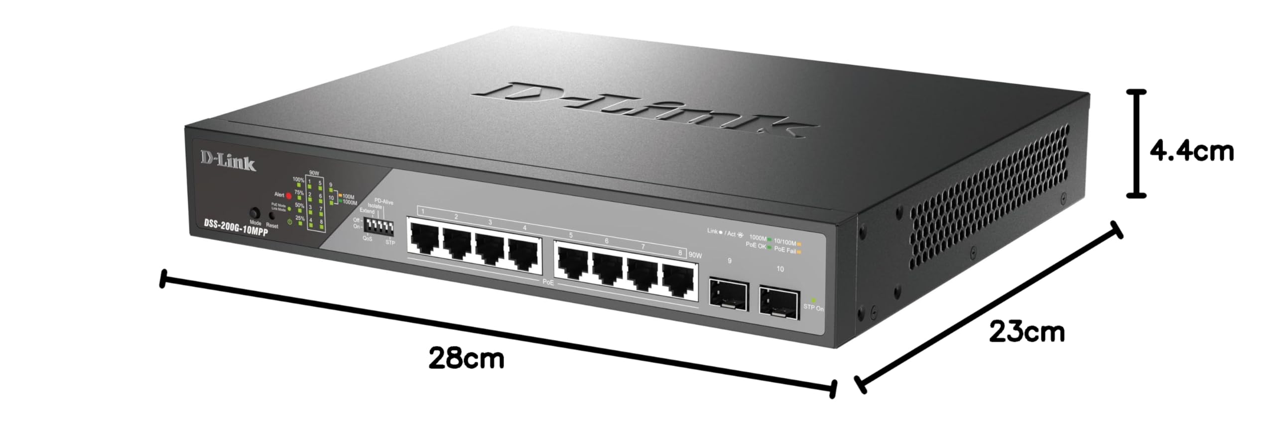 D-Link DSS-200G-10MPP Smart Switch Gigabit PoE++ per la videosorveglianza 10 Porte, con 8 porte PoE+ 1000BASE-T e 2 porte SFP, 802.3af/at/bt, budget PoE 242W, estensione 250 m, senza ventola, ONVIF