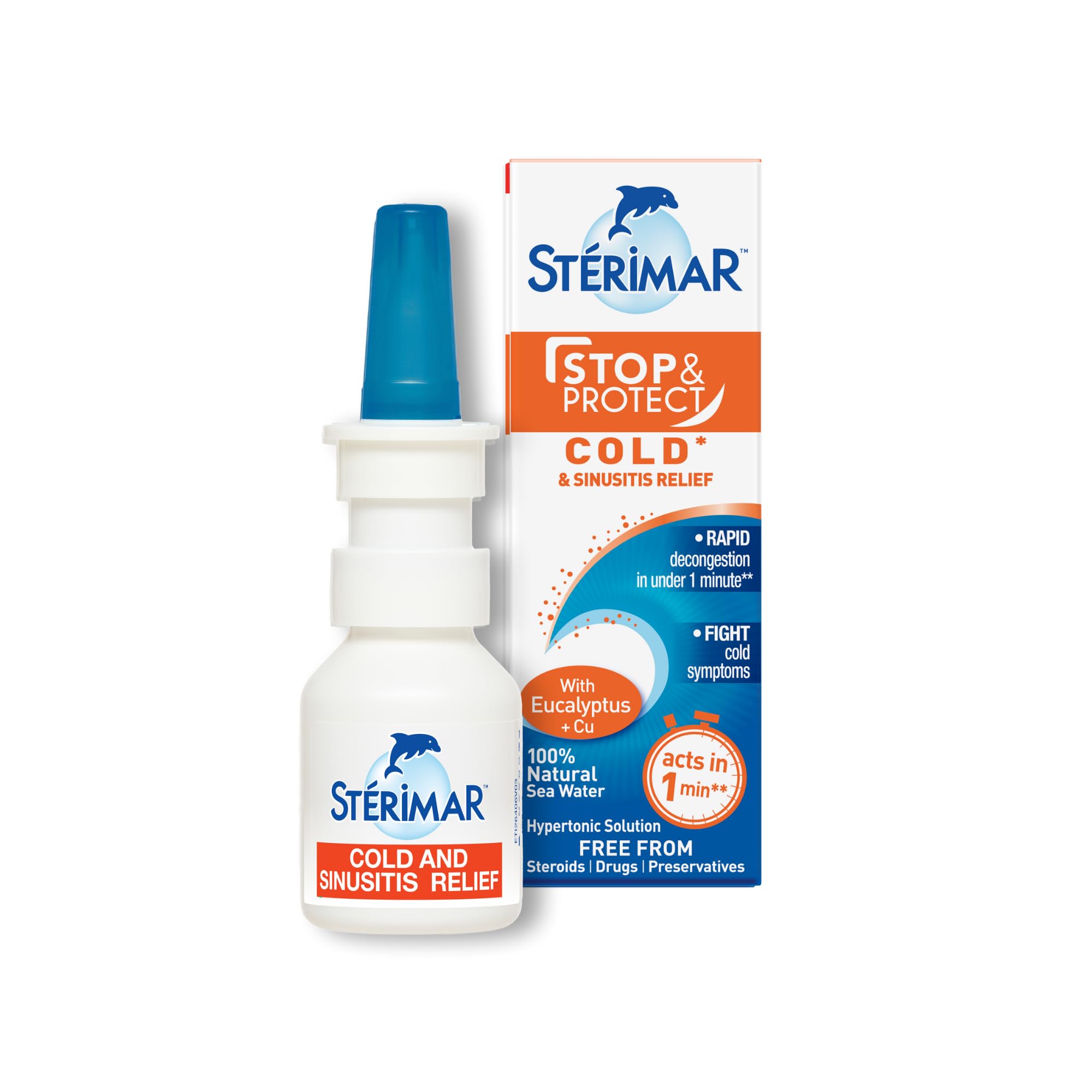Sterimar Stop And Protect Cold And Sinusitis Relief, Nasal Spray, Fast-Acting Hypertonic, 100% Natural Sea Water, Free from Steroids, Drugs & Preservatives, For Adults & Children 6+, 20 ml