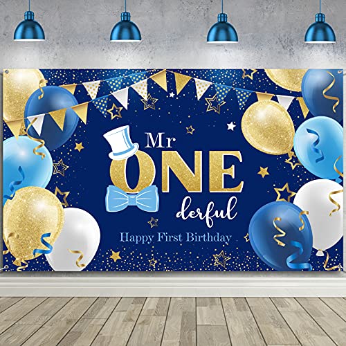 Boys 1St Birthday Decoration Mr. Onederful Birthday Party Supplies Boy 1St Birthday Backdrop Happy 1St Banner For Baby Toddler Little Man First Birthday Party Decor Photo Prop (Blue And Gold) #TOP11