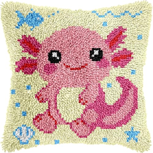 Image of veirousa Latch Hook Kits for Adults, DIY Axolotl Pillow & Rug Craft Kit for Beginners, Marine Handmade Yarn Art, Relaxing Home Sofa Decor Gift 17x17 Inch