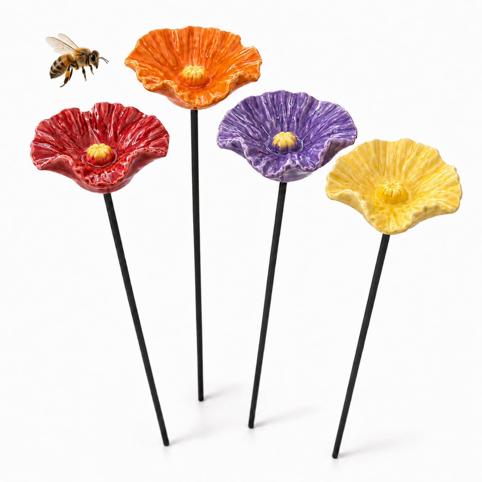 Bee Watering Station for Garden, 4 Pcs Poppy Shape Handmade Ceramic Flowers for Bees, Bee Feeder for Garden, Bird Water Bowl for Summer Decor, Outdoor Waterer For Yard Lawn