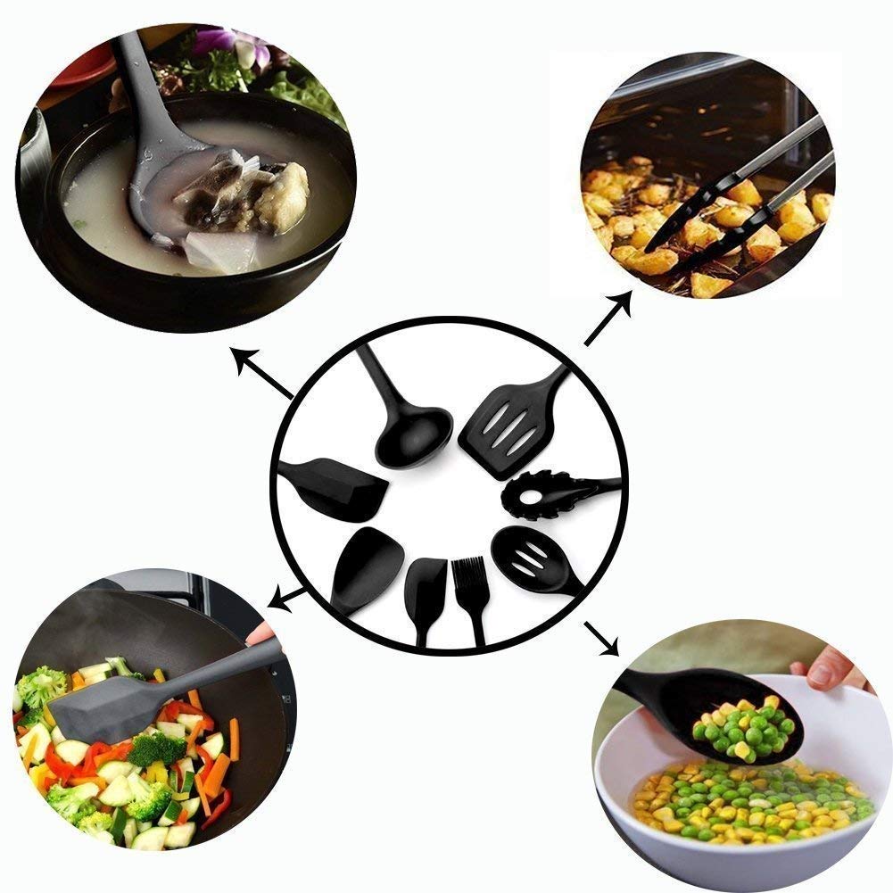 Klick n shop Juego de espátulas y utensilios de cocina de silicona, juego de cuchara para cocinar y hornear, 12 piezas antiadherentes con mango de madera, sin BPA, artículo resistente al calor,