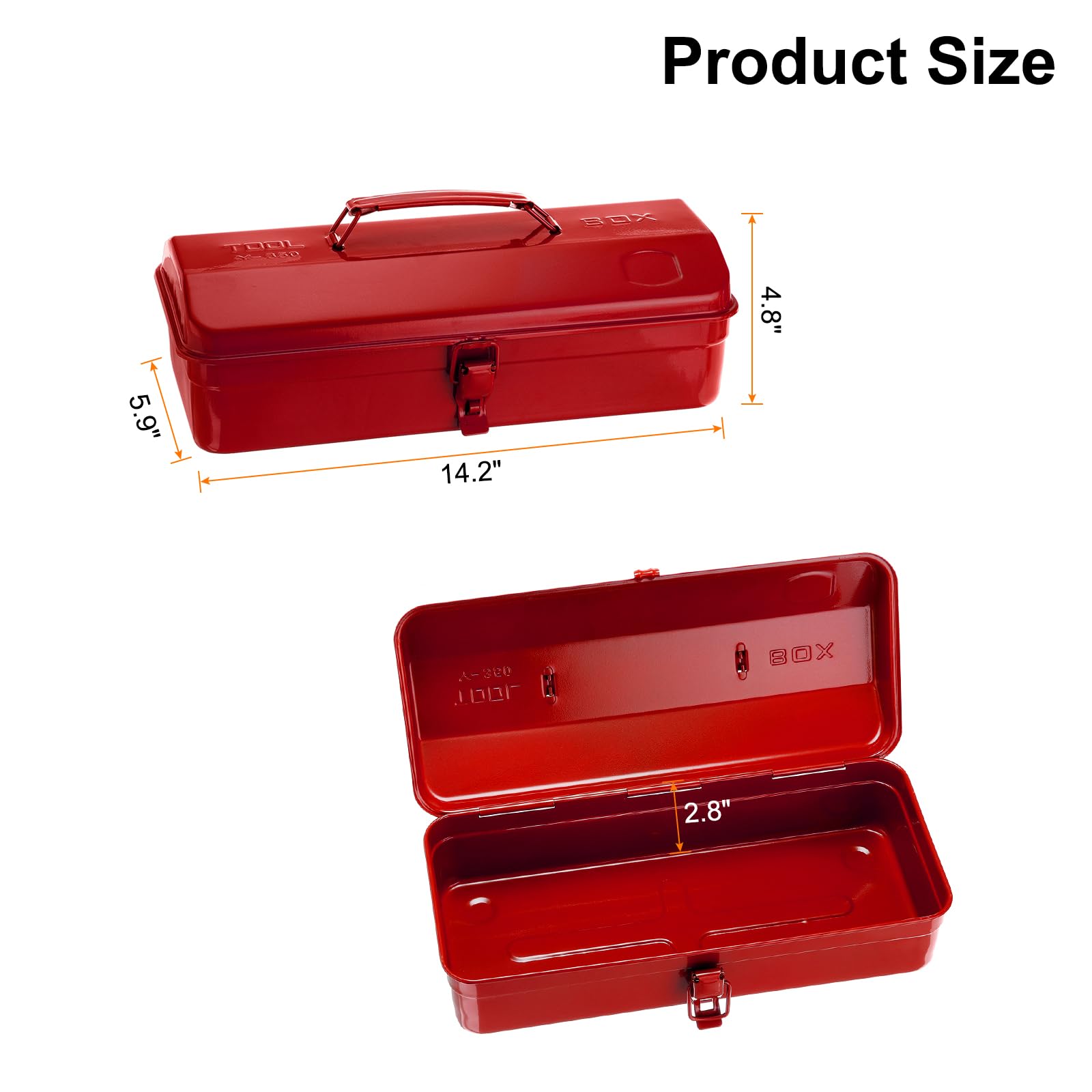 QUARKZMAN Caja De Herramientas Portátil De Acero De 14.2" Estilo Techo A Dos Aguas Con Cierre De Pestillo Metálico Para Taller Doméstico Y Automóvil, Roja