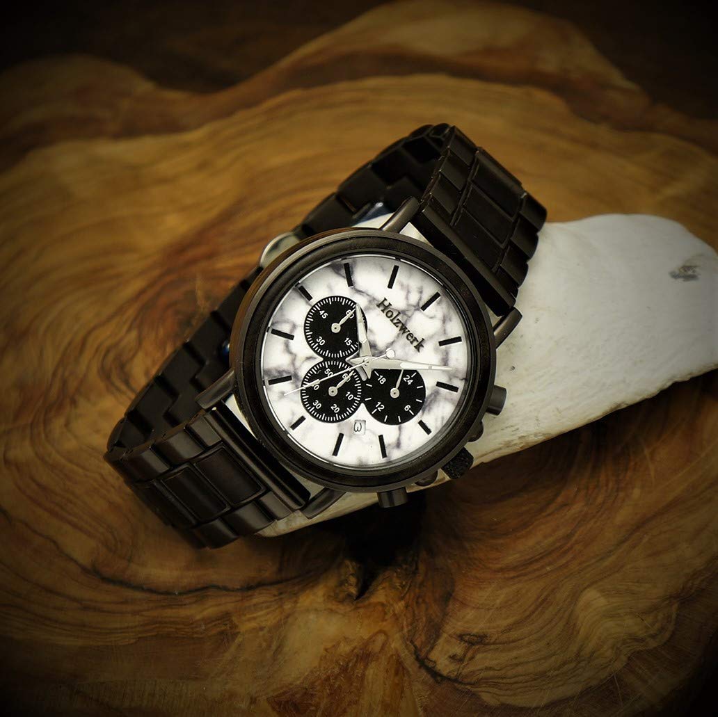 Ręcznie wykonany drewniany mechanizm Germany® designerski zegarek męski eko naturalny drewno zegarek chronograf zegarek na rękę analogowy zegarek kwarcowy brązowy czarny biały marmur kamień data drewno tarcza