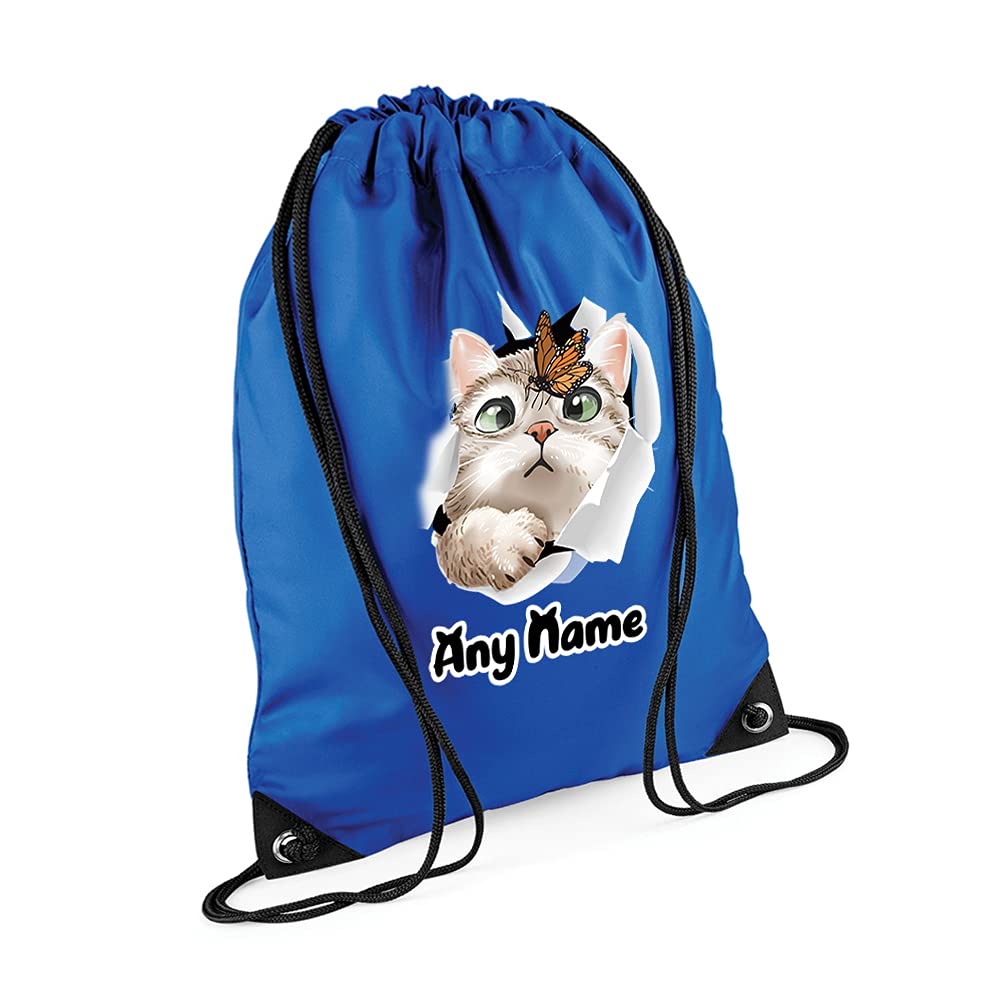 Giftme Unisex Kids Bright Royal Personalised Butterfly On Cat Face Hidden Cat Funny Kitten Cat Birthday Gift Drawstring Bag, Pe Gym Kit, Swimming Rucksack. (Bright Royal)