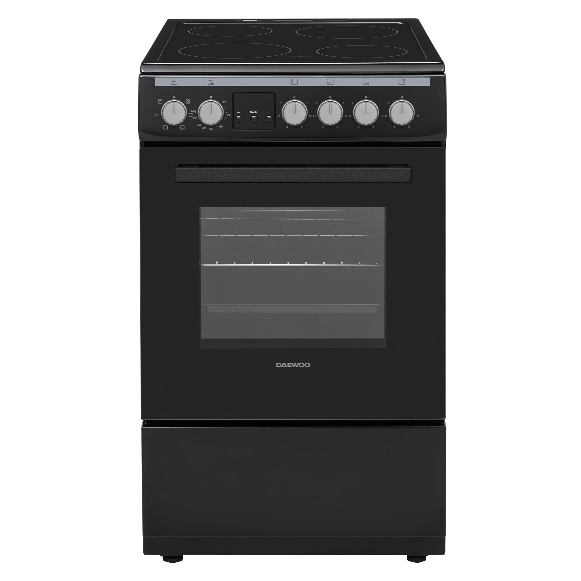 Daewoo F5EV15BL1DE Standherd mit Glaskeramik-Kochfeld/A/Garraumvolumen: 55 L / 5 Beheizungsarten mit Ober-/Unterhitze/Digitaler Timer / 4 Kochzonen/Schwarz