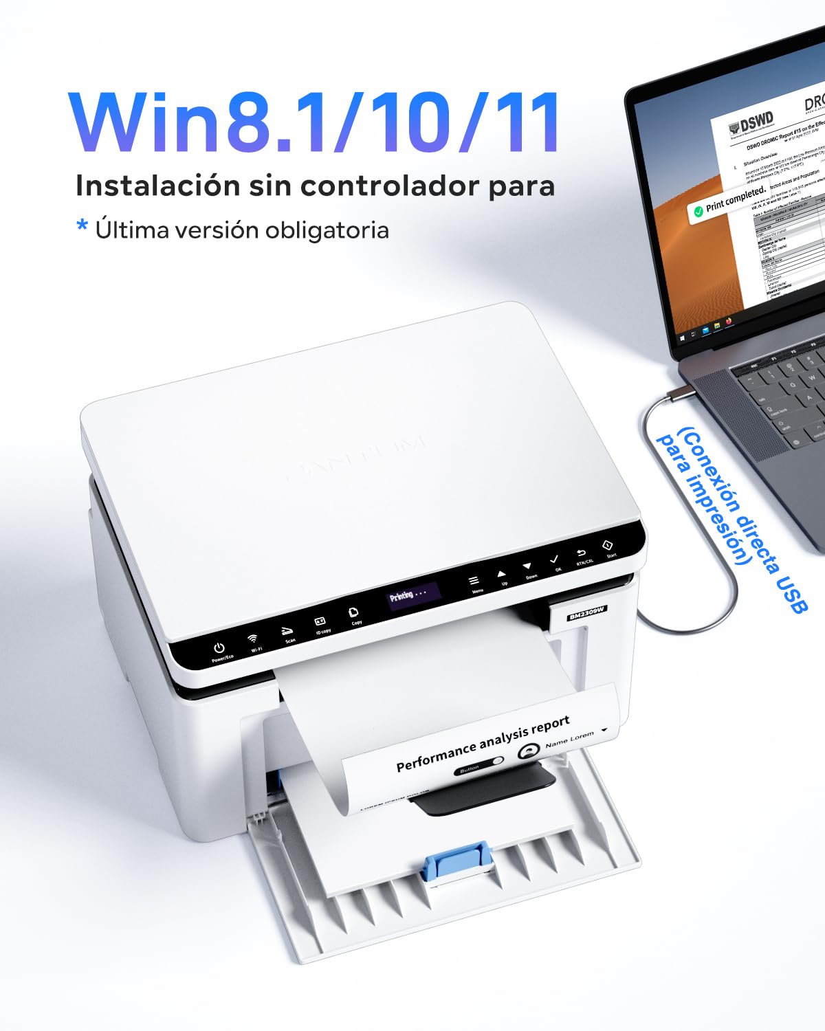 PANTUM Impresora Multifunción Láser Monocromo WiFi (BM2309W, BM2300W), Impresión, Copia, Escaneo, para Oficina y Hogar (A4, 20 ppm, Wi-Fi Direct, USB 2.0, Bluetooth, AirPrint, Mopria)