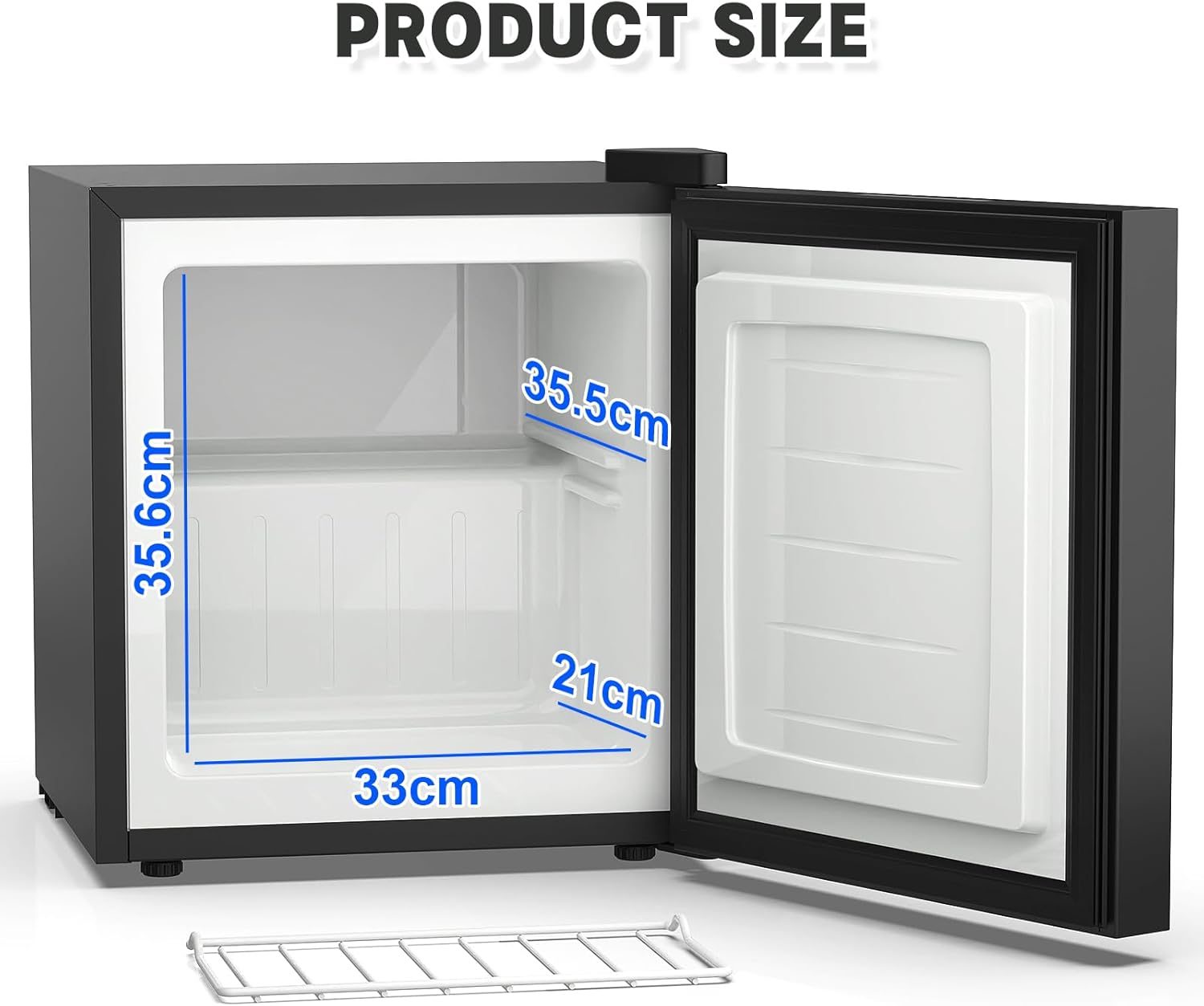 Diagram showing internal dimensions of the Advwin 32L Mini Upright Freezer: 35.6cm height, 35.5cm depth, 33cm width, and a removable wire shelf.