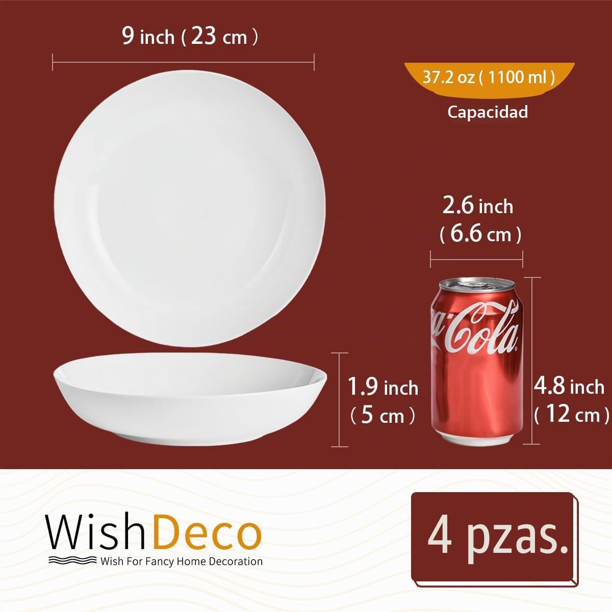 WishDeco Juego de 4 Cuencos Grandes para Pasta, Ensaladeras Cerámica 1100 ml, Platos Hondos Sopa Blancos, Boles Desayuno, Cuenco Servir para Spaghetti, Fideos, Ramen