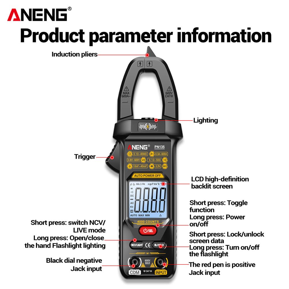 PN135 Display digitale Pinza amperometrica intelligente Tester multimetro Resistenza alla tensione CA/CC Strumenti professionali per elettricisti senza contatto e linea combinata con scatola - Nero