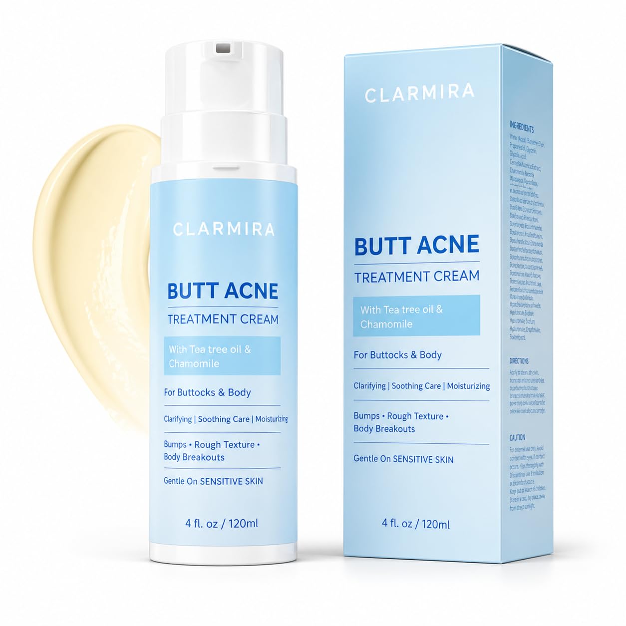 Back & Butt Acne Clearing Treatment Cream: Body Acne Treatment for Folliculitis and Pimples on Buttocks with 2% Salicylic Acid, Tea Tree Oil & Chamomile - Butt Cream for Smoother Looking Skin.