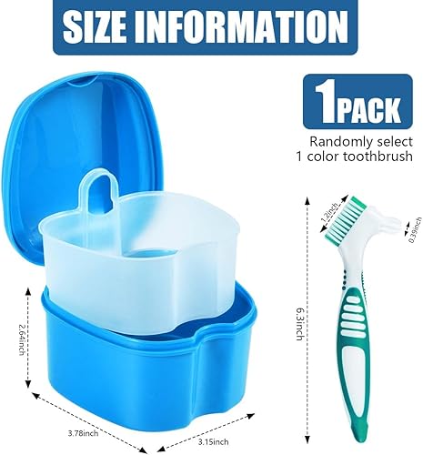 Miniatura 2 de Caja de baño para dentaduras con recipiente, vaso y portacepillos de color azul claro, con cepillo limpiador de dentaduras, colador y cesta para