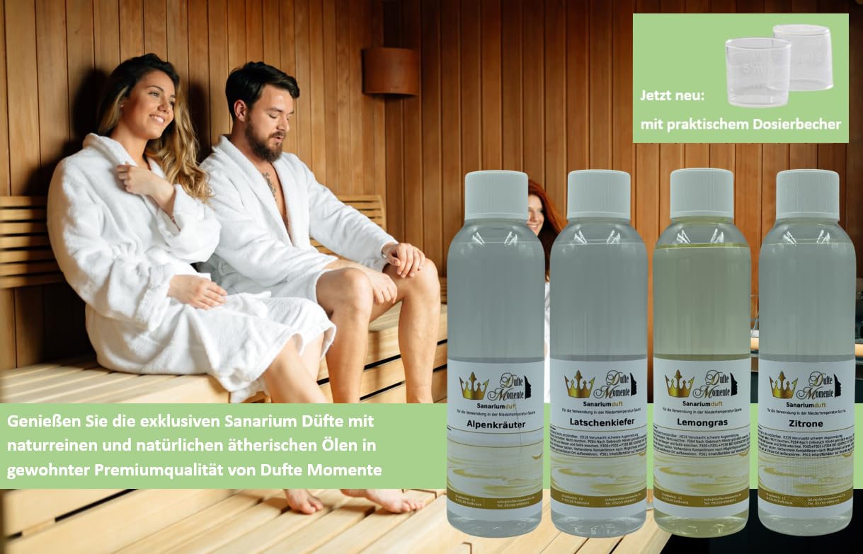Dufte Momente Sanarium Duft 4 x 250ml - Alpenkräuter, Latschenkiefer, Lemongras, Zitrone - Duft für Bio Sauna, Niedertemperatur Sauna - beliebt auch bei Profi Anwendern