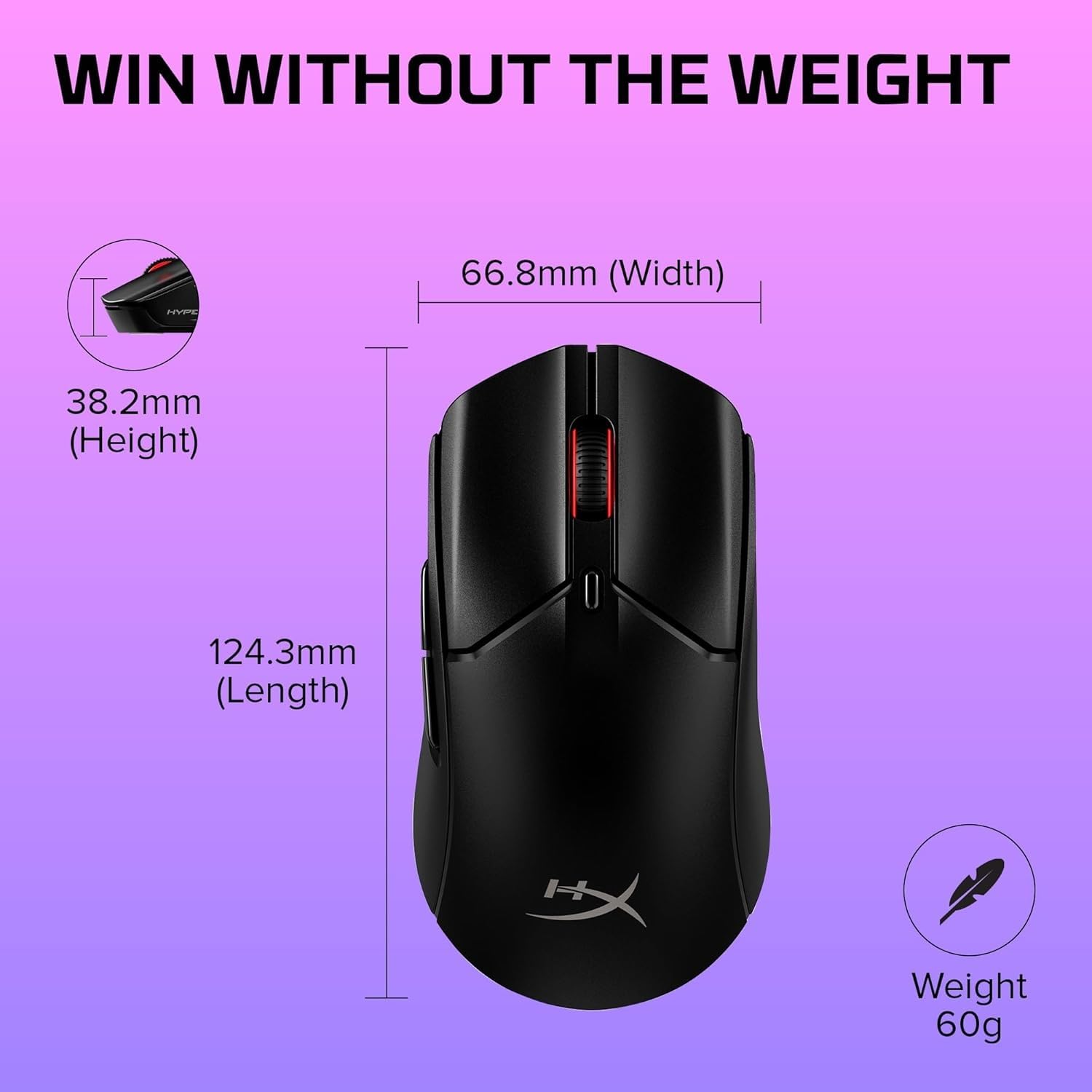 HyperX Haste 2 Wireless – Ratón gaming inalámbrico, ultraligero 61g, batería 100h, sensor preciso HyperX 26K, cable HyperFlex 2, antideslizamiento, color Negro
