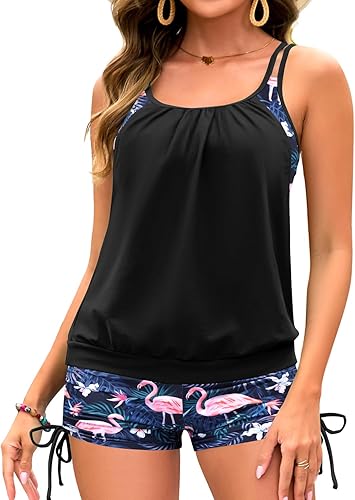 Holipick Traje de baño tankini de dos piezas con control de abdomen para mujer blusa sin mangas con pantalones cortos para niño