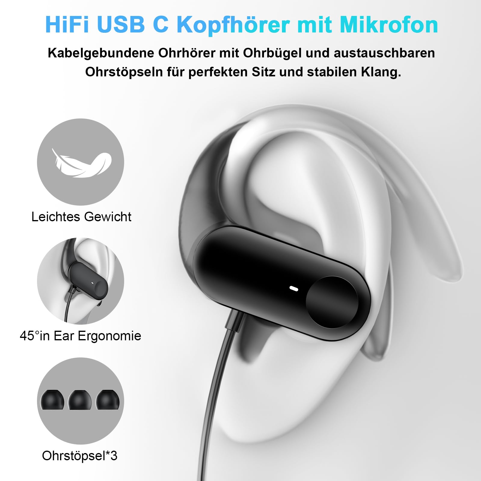 USB C In Ear Kopfhörer mit Ohrbügel, Mikrofon & Kabelfernbedienung | Kopfhörer mit Kabel für Samsung S26 Ultra S25 S24 A17, für iPhone 17 Pro 16 15, Headphones für Google 10 9 8 Büro Sport Musik