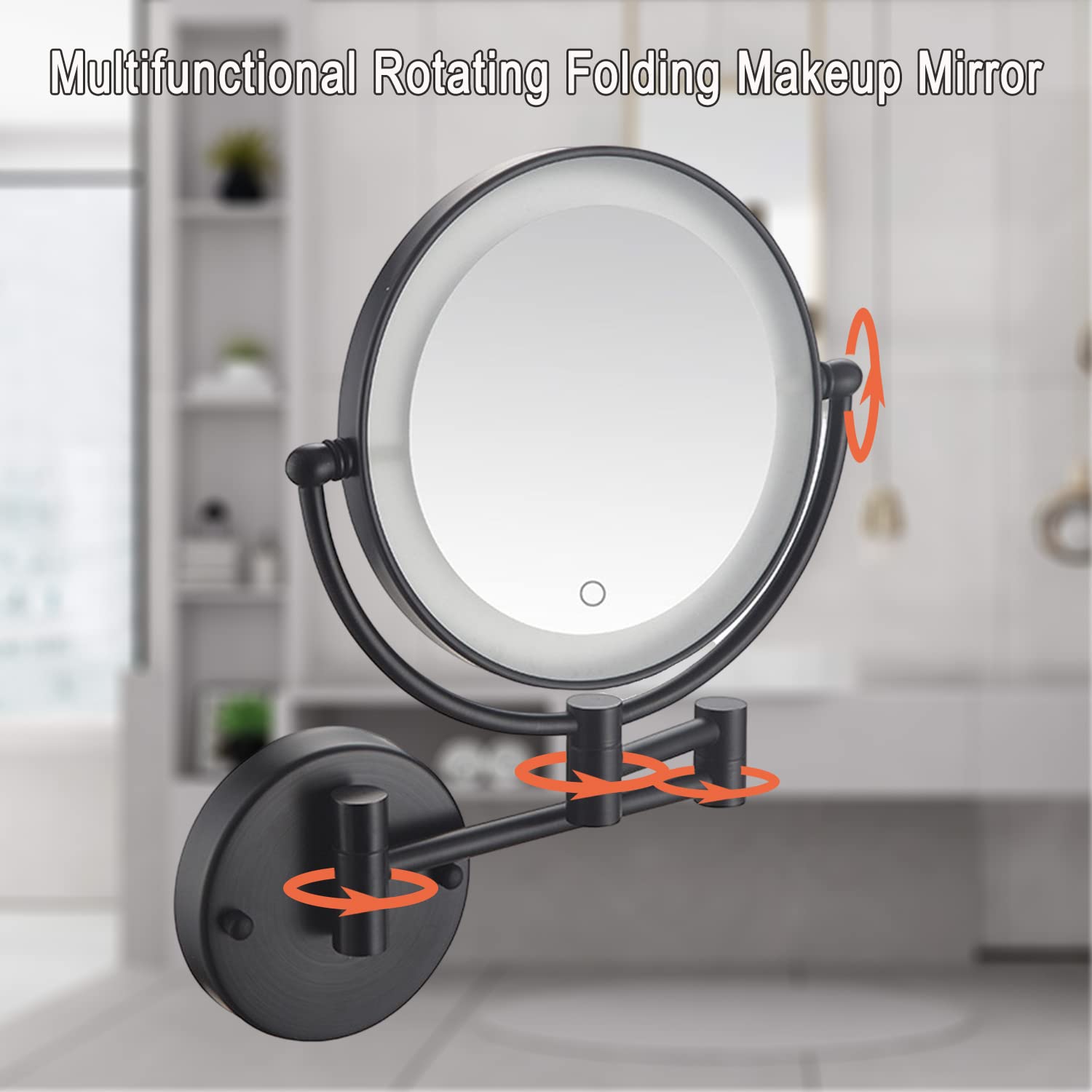Espejos Maquillaje con Luz, 8 Pulgad Negro Espejo Aumento Pared 360 Rotación Espejo Extensible Baño Brillo Regulable Espejo Cosmetico Espejo Ducha con Interruptor Táctil