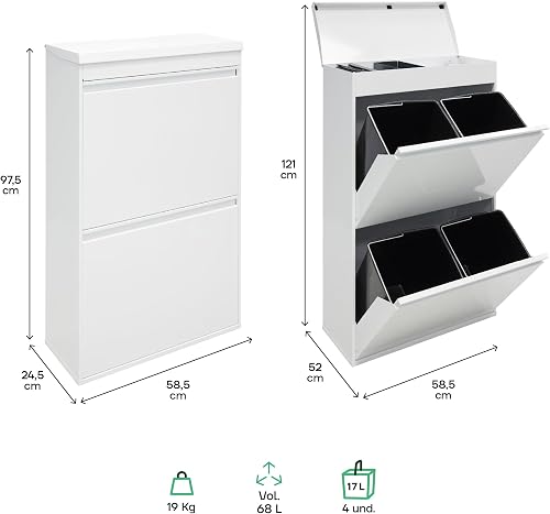 Arregui 4-Cube Steel Waste and Recycling Bin and Multi-Purpose Top Tray, White, 97.5 x 58.6 x 24.4 cm - 5