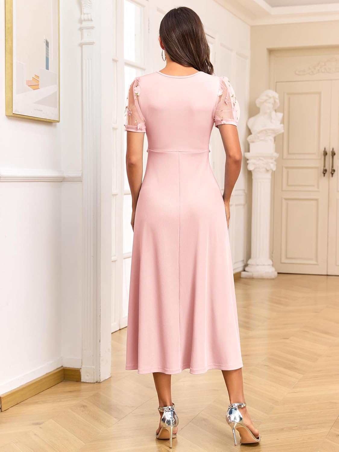 AISWI Elegant 3D Floral Mesh Sleeve Maternity Dress Round Neck Ribbed Knit Midi A-Line Belted Dresses for Baby Shower