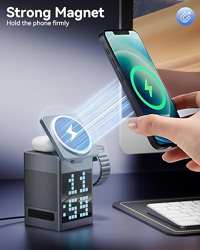 Miniatura 4 de Vivilumens Cargador inalámbrico 3 en 1, altavoz Bluetooth, pantalla de animación de píxeles, reloj despertador digital para Apple Mag Safe iPhone 17