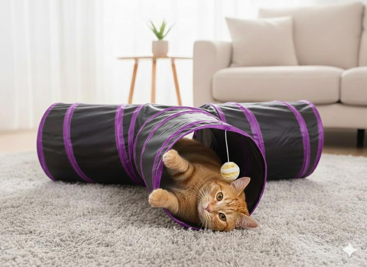 Pets Crew Cat Tunnel for Indoor Cats - 3-Way Collapsible Interactive Toy with Peek Hole & Dangling Ball - Durable Pop Up Play Tunnel for Kittens, Puppies, Rabbits & Small Pets - 25cm (Purple & Black)