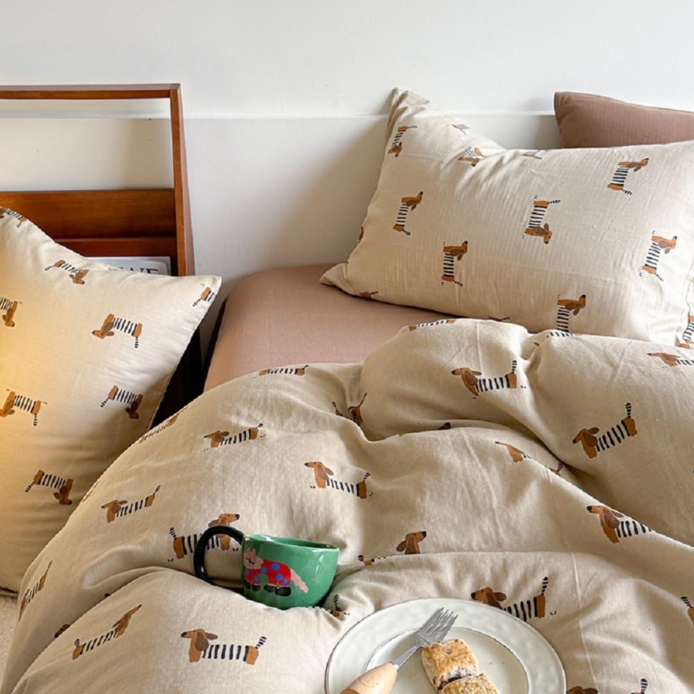 Lanqinglv Bed Linen 135 x 200 cm 4-Piece Children's Dachshund Light Brown Bed Linen Girls Boys Microfibre Oeko-Tex Bed Linen Set - Soft Duvet Cover with Zip and 2 Pillowcases 80 x 80 cm