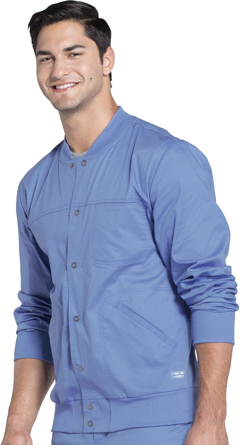 Cherokee Men Scrubs Jacket Workwear Core Stretch Snap Front Plus Size WW330, 4XL, Ciel