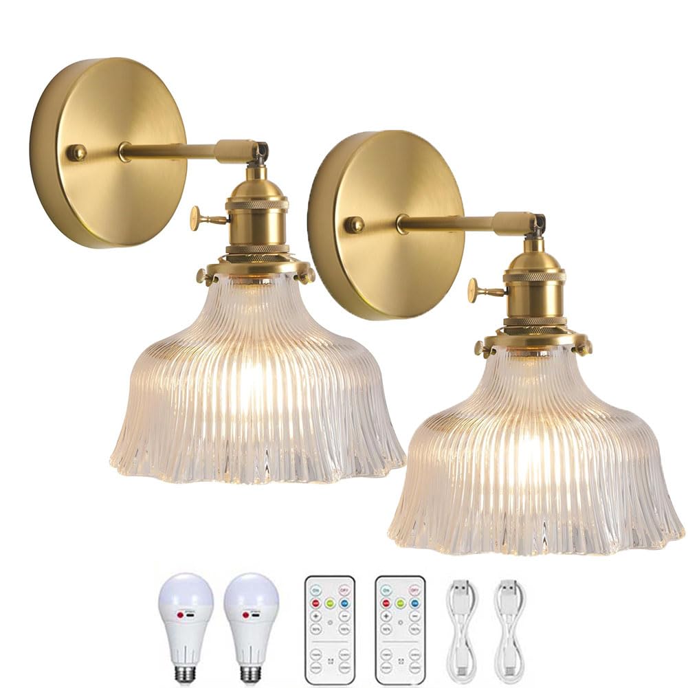 LOGT 2 Pieces Rechargeable Wall Lamp Vintage with Remote Control Dimmable Wall Light Rotatable Swivel Arm Wall Lights Brass Crystal Glass Lampshade Bedside Lighting Wireless USB Rechargeable,Clear