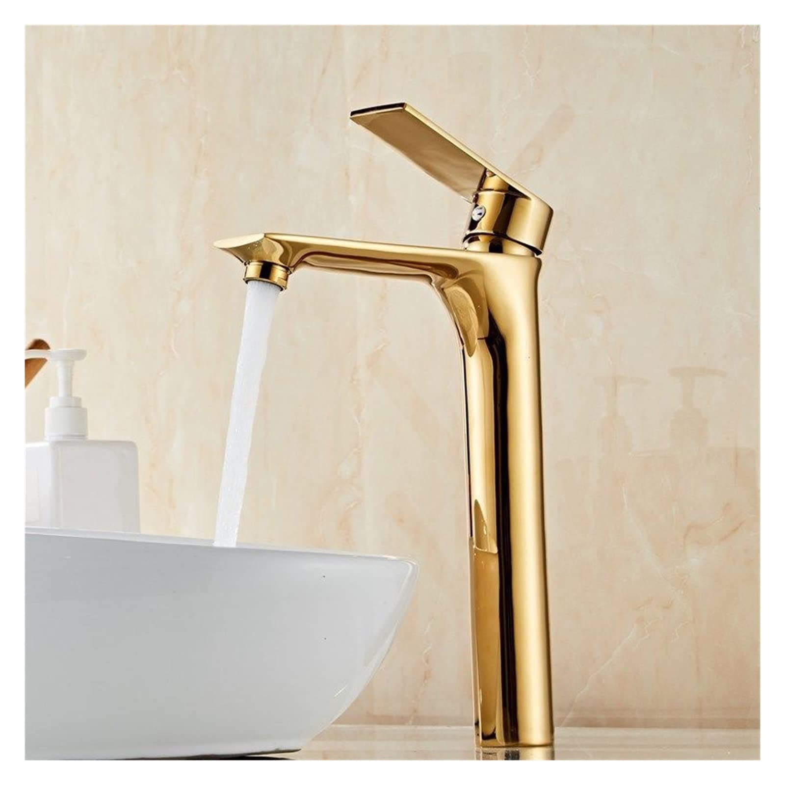 Grifo de lavabo dorado monomando para agua fría y caliente en baño moderno