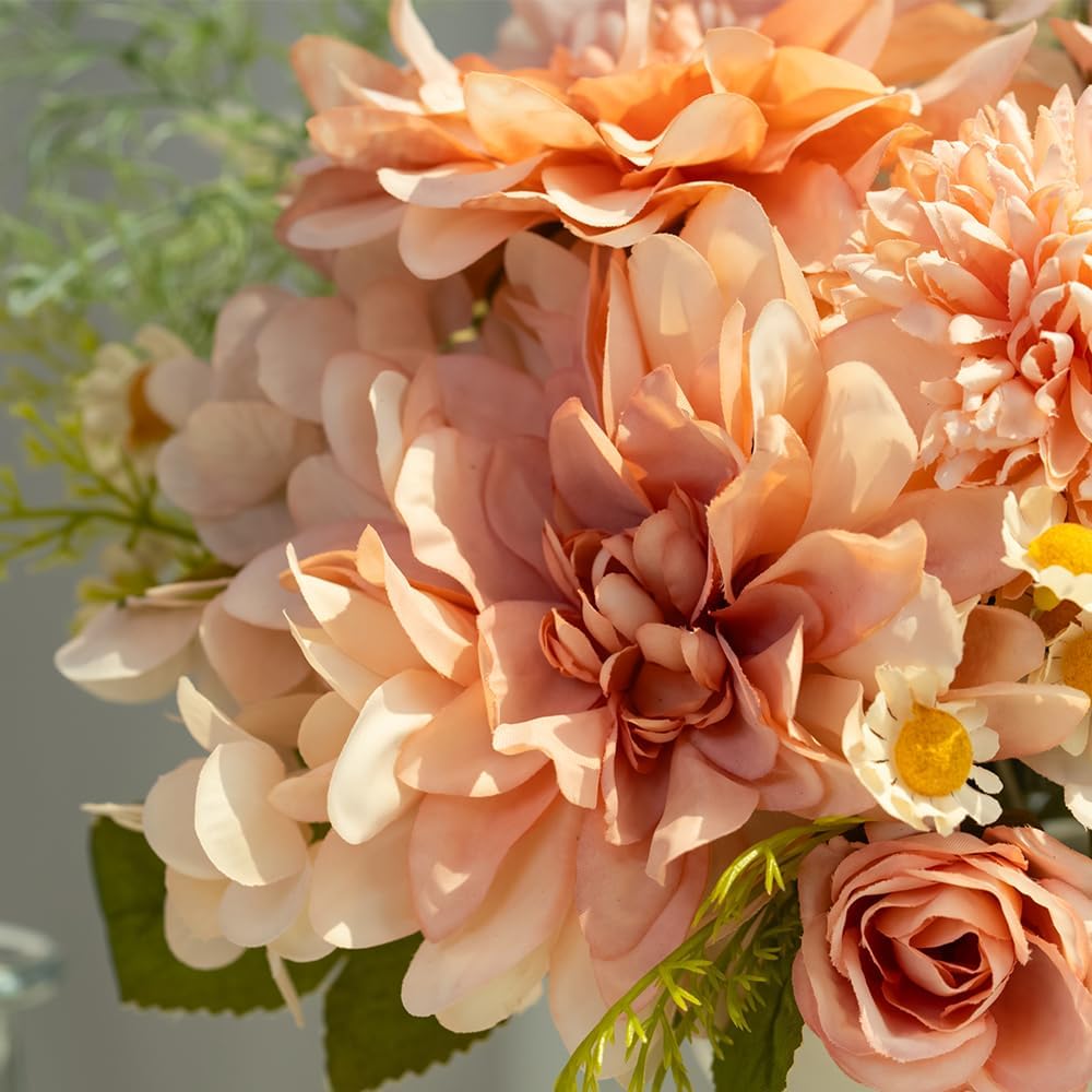 Fake Flowers with Vase Silk Dahlia Artificial Flowers in Vase Faux Hydrangea Flowers Arrangements with Vase for Home Office Decoration Dining Table Centerpiece (Pink) - Image 2