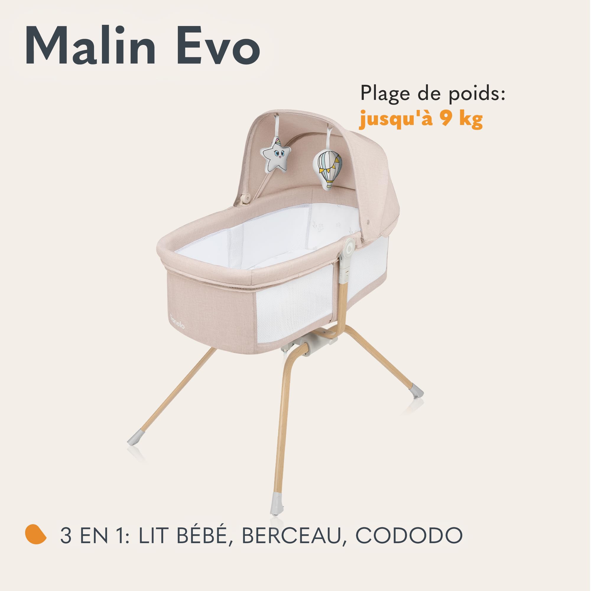 lionelo Malin Evo lit bébé 3 en 1 avec Fonction de Berceau, lit Parapluie bébé avec Matelas, 0-9kg, Pliable, léger