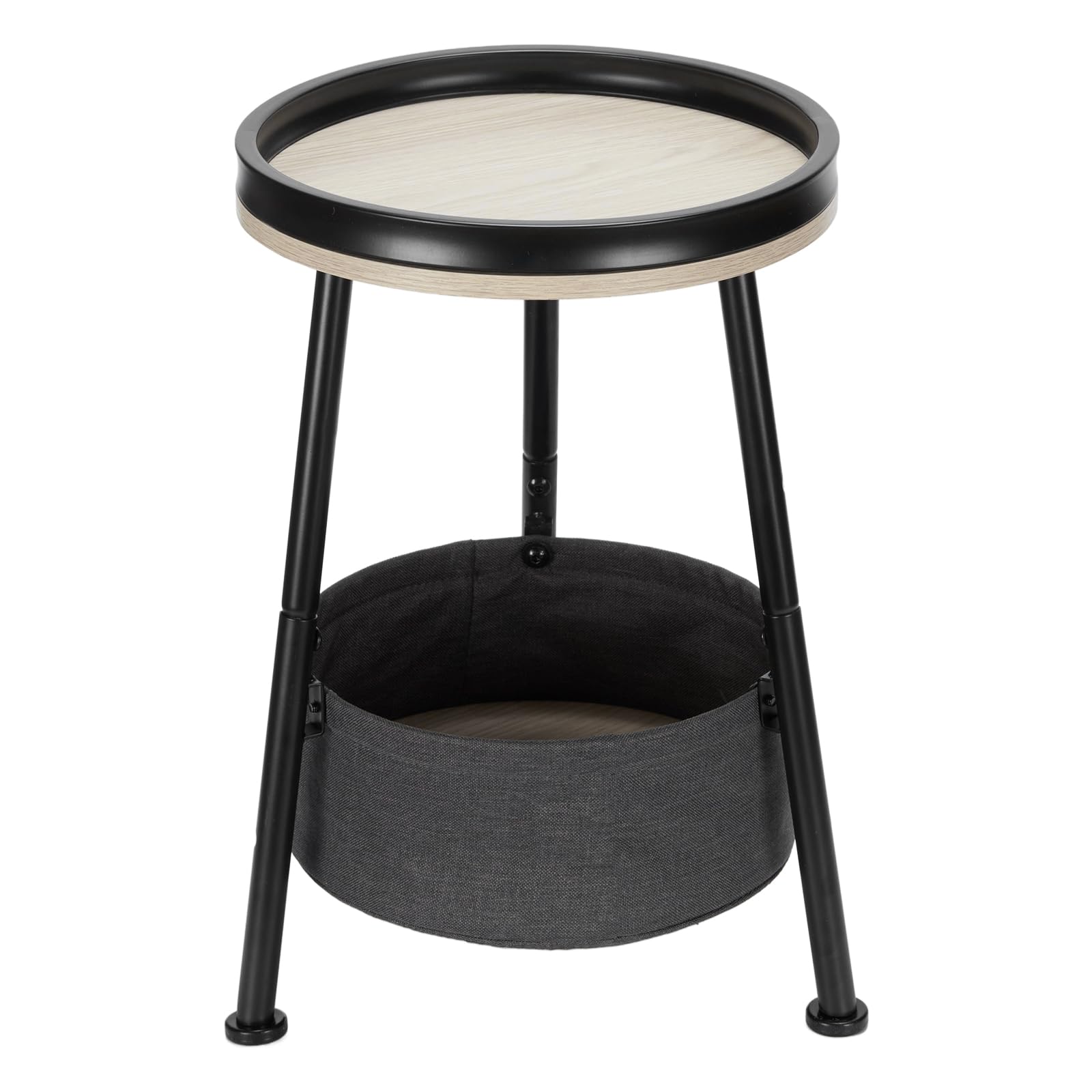 Mesa auxiliar redonda pequeña, mesa auxiliar redonda de 2 niveles con cesta de almacenamiento, mesa redonda pequeña de 11.8 pulgadas de profundidad x 17.8 pulgadas de alto, mesa auxiliar de 9